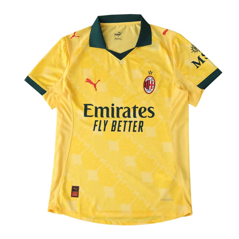 AC Milan Third 2025/26 Player Version jersey in yellow with green accents, Puma logo, and Emirates sponsor.