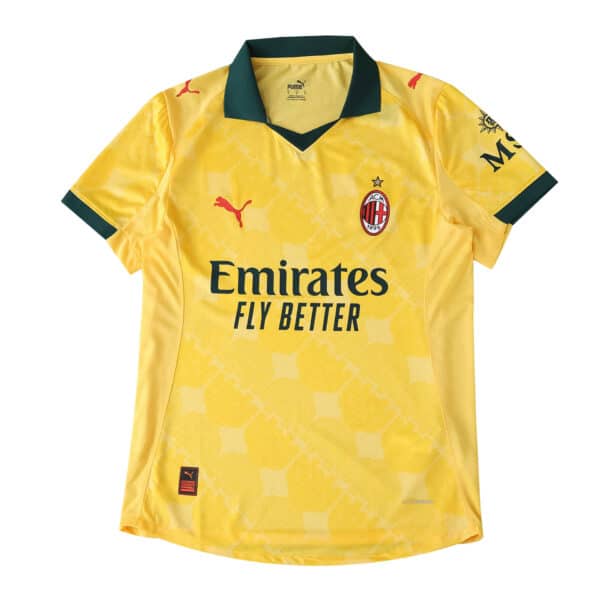 AC Milan Third 2025/26 Player Version jersey in yellow with green accents, Puma logo, and Emirates sponsor.