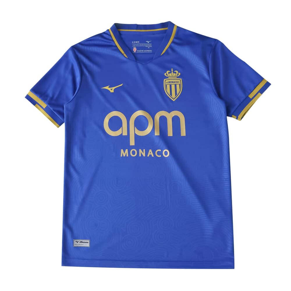 AS Monaco Away 2025/26 Fan Version jersey in blue with gold trim and sponsor logo on the front.