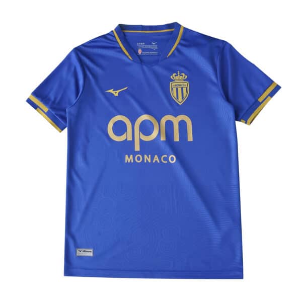 AS Monaco Away 2025/26 Fan Version jersey in blue with gold trim and sponsor logo on the front.