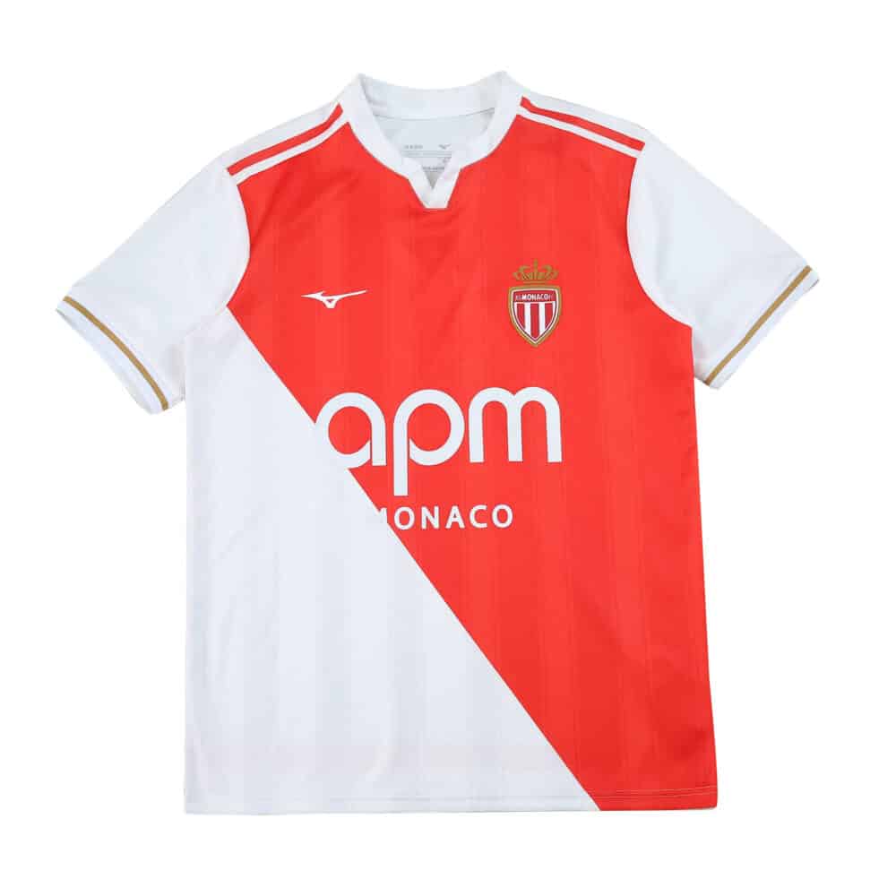 AS Monaco 2025/26 Home Fan Version jersey, red and white diagonal design with club crest and sponsor logo.