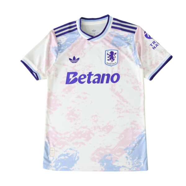Aston Villa 2025/26 Third Player Version jersey in white with pink and blue marble pattern, club crest, and Betano logo.