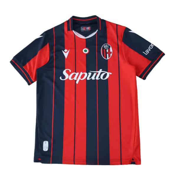 Bologna Home 2025/26 Fan Version jersey with red and navy stripes, sponsor logos, and club crest.