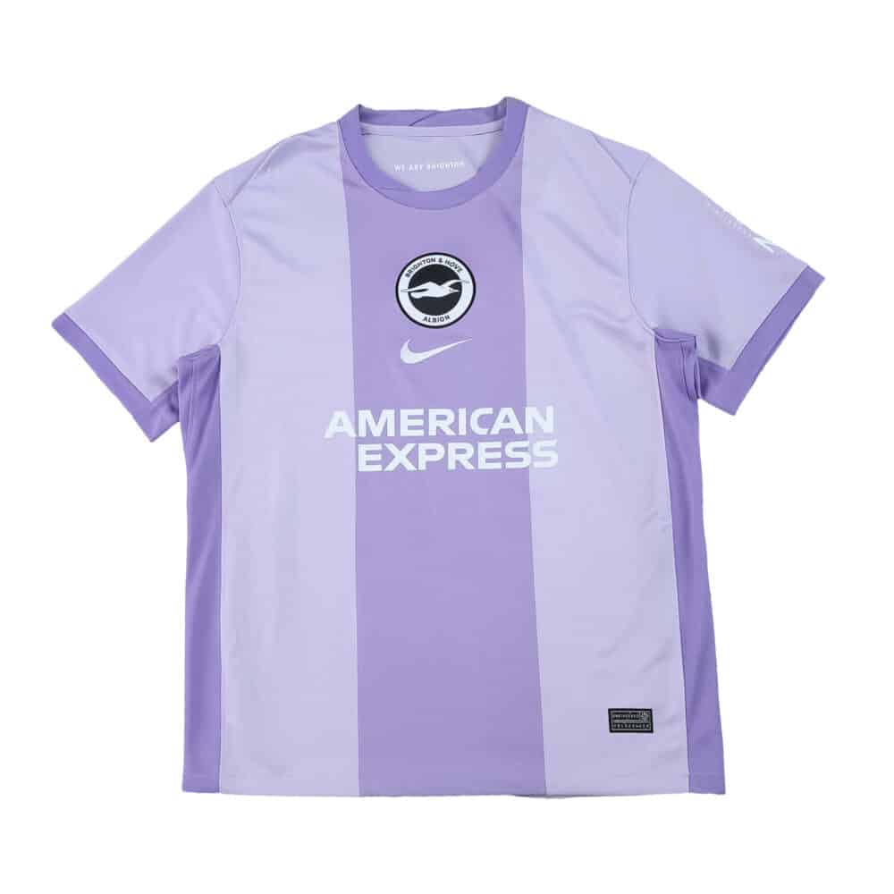 Brighton & Hove Albion 2025/26 away fan jersey in light purple with club crest and sponsor logo.