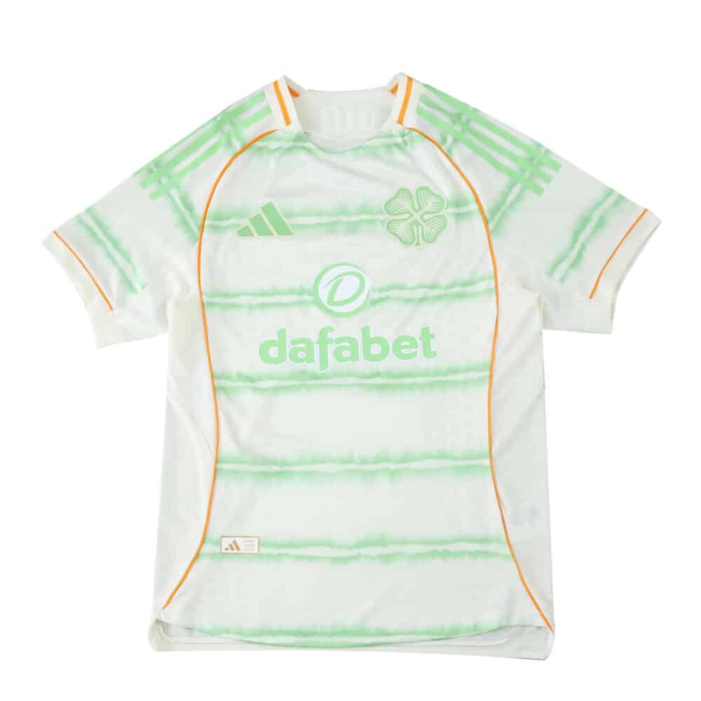Celtic Third 2025/26 Player Version jersey in white with green stripes and orange trim, front view.