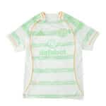 Celtic Third 2025/26 Player Version jersey in white with green stripes and orange trim, front view.