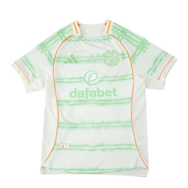 Celtic Third 2025/26 Player Version jersey in white with green stripes and orange trim, front view.