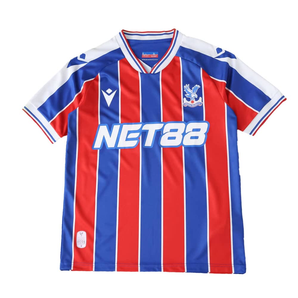 Crystal Palace Home 2025/26 Fan Version jersey with red and blue stripes, white sponsor logo on front.