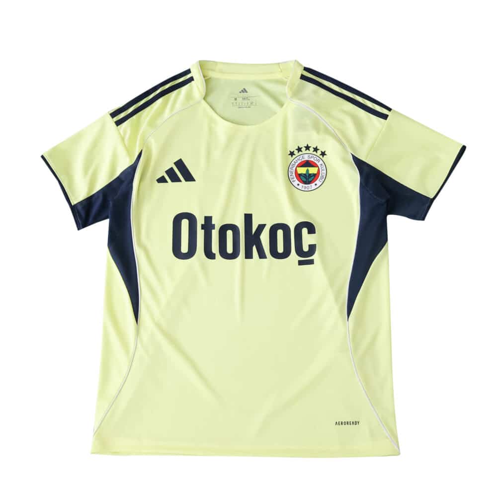 Fenerbahce Away 2025/26 Fan Version jersey in light yellow with navy accents and sponsor logo.