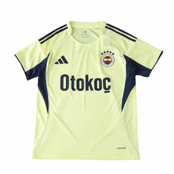 Fenerbahce Away 2025/26 Fan Version jersey in light yellow with navy accents and sponsor logo.