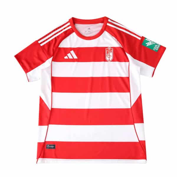 Granada CF 2025/26 home fan jersey with red and white horizontal stripes displayed on a plain background.