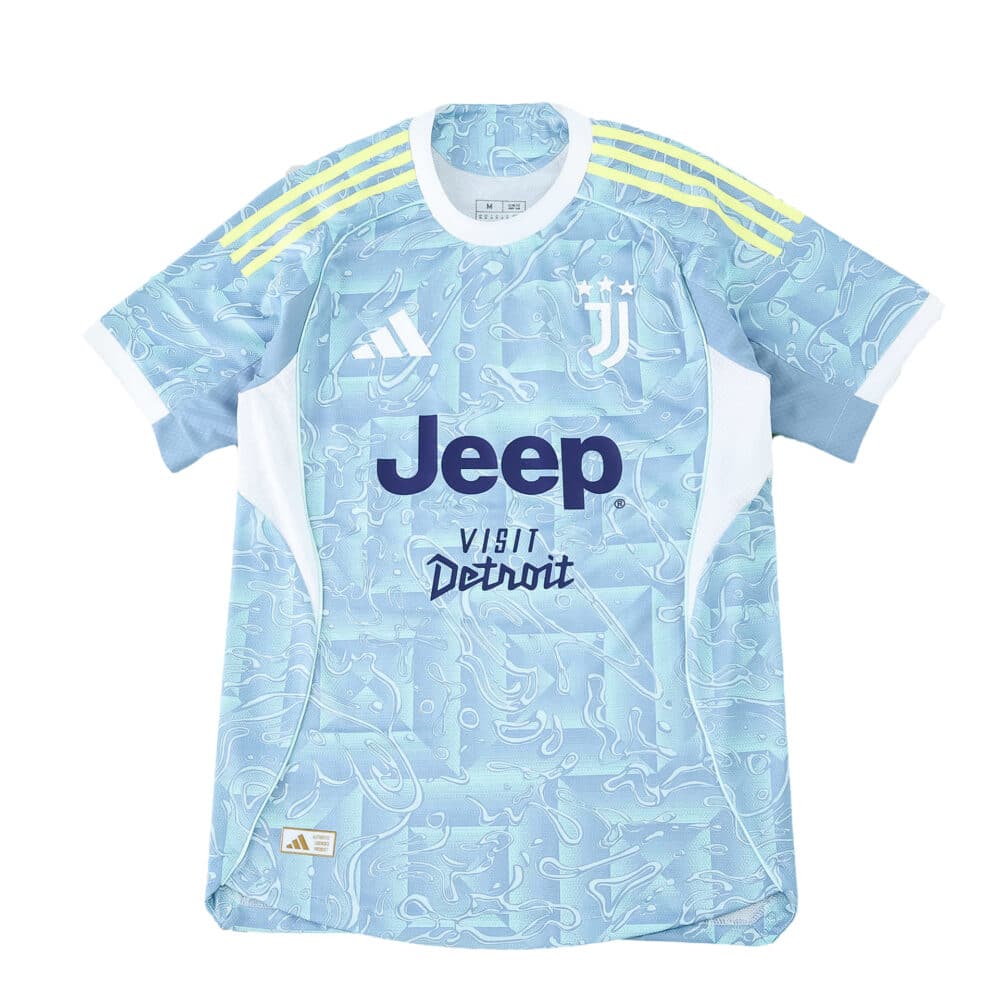 Juventus Away 2025/26 Player Version jersey in light blue with yellow shoulder stripes and sponsor logos.