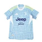 Juventus Away 2025/26 Player Version jersey in light blue with yellow shoulder stripes and sponsor logos.