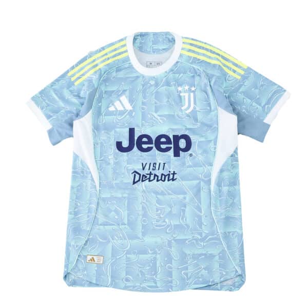 Juventus Away 2025/26 Player Version jersey in light blue with yellow shoulder stripes and sponsor logos.