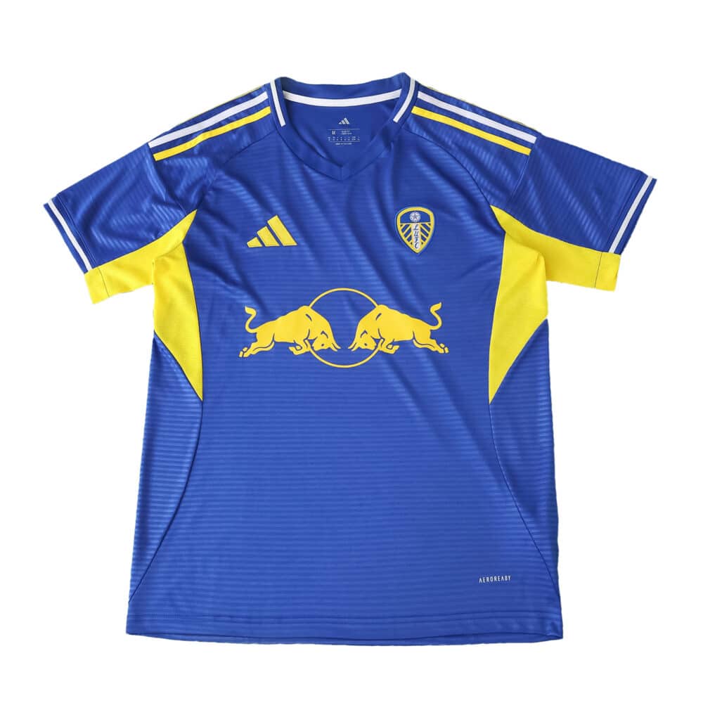 Leeds United Away 2025/26 Fan Version jersey in blue with yellow accents and sponsor logos on front.