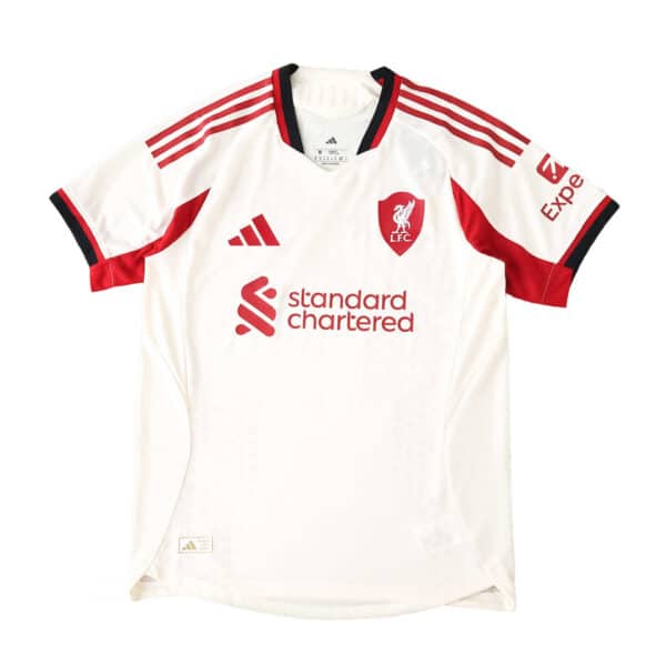 Liverpool Away 2025/26 Player Version jersey in white with red accents, club crest and sponsor logos.