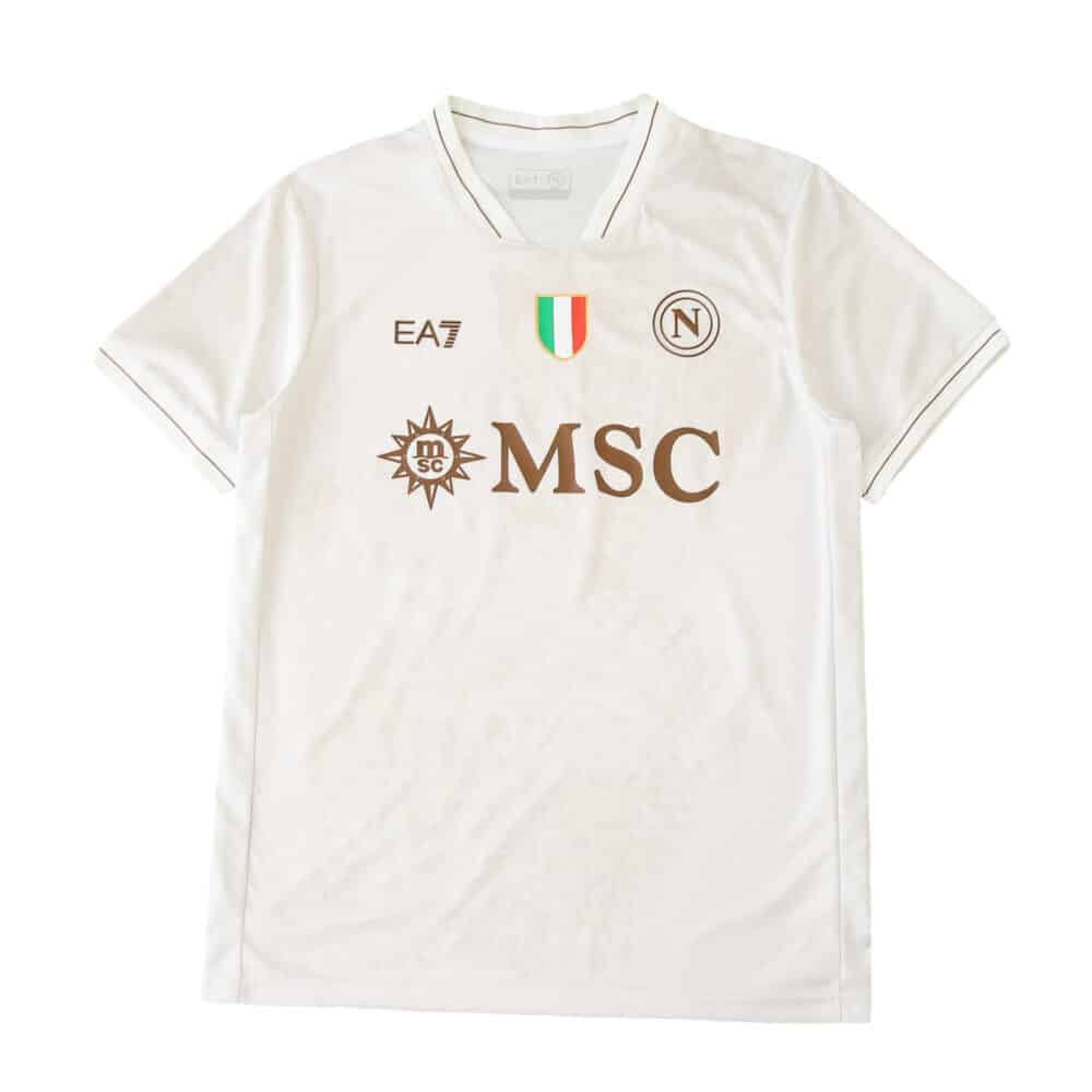 Napoli Away 2025/26 Fan Version jersey, white with gold accents and sponsor logos on front.