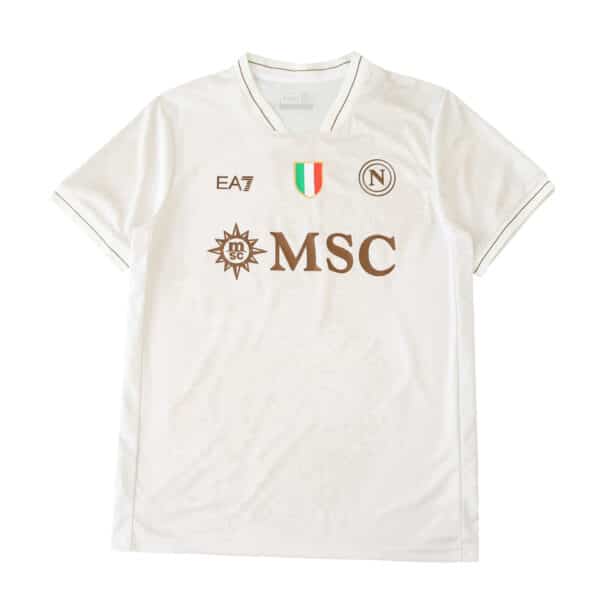 Napoli Away 2025/26 Fan Version jersey, white with gold accents and sponsor logos on front.