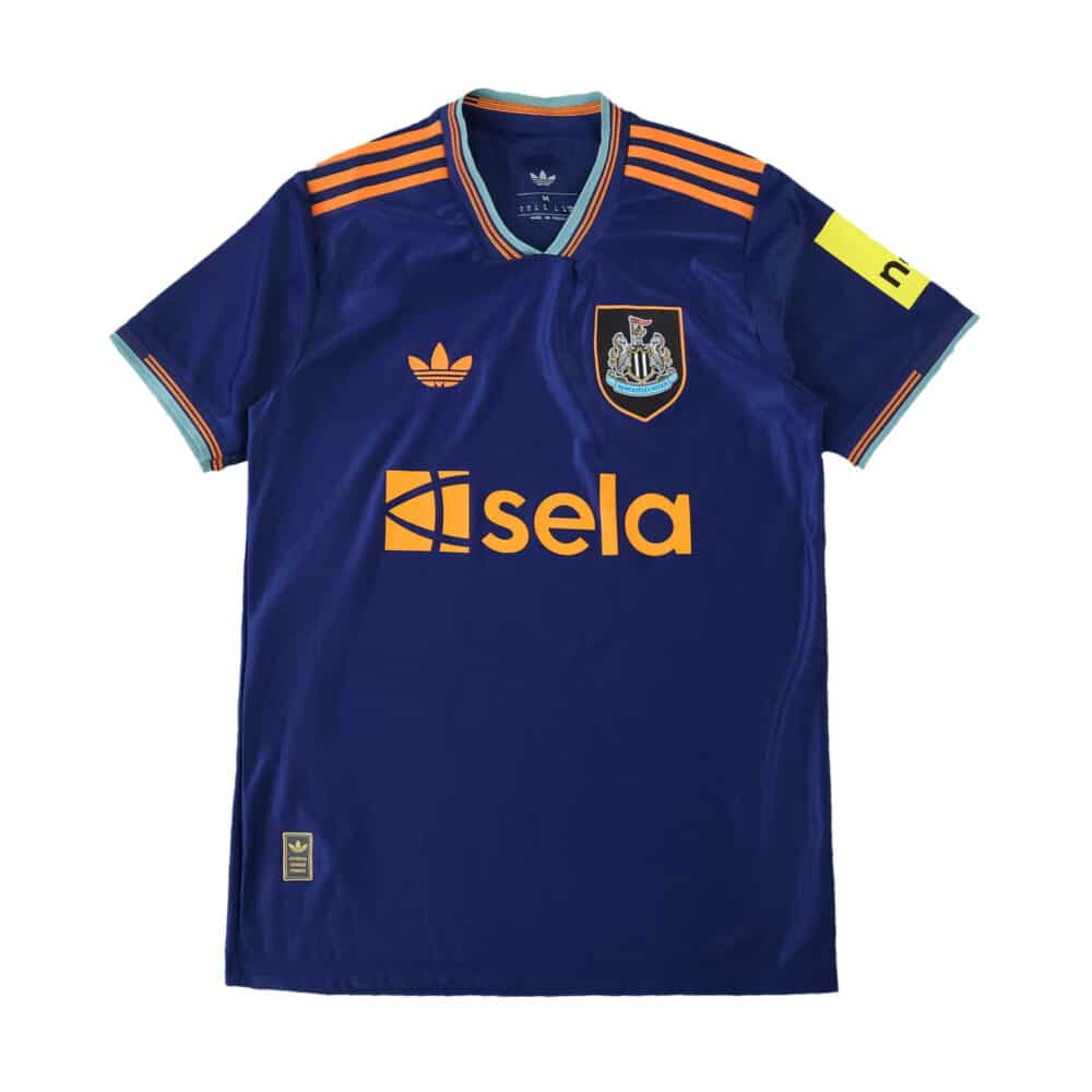 Newcastle United Third 2025/26 Player Version jersey in dark blue with orange accents and sponsor logos.