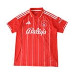 Nottingham Forest 2025/26 home fan jersey in red with white stripes, logos, and sponsor on front.
