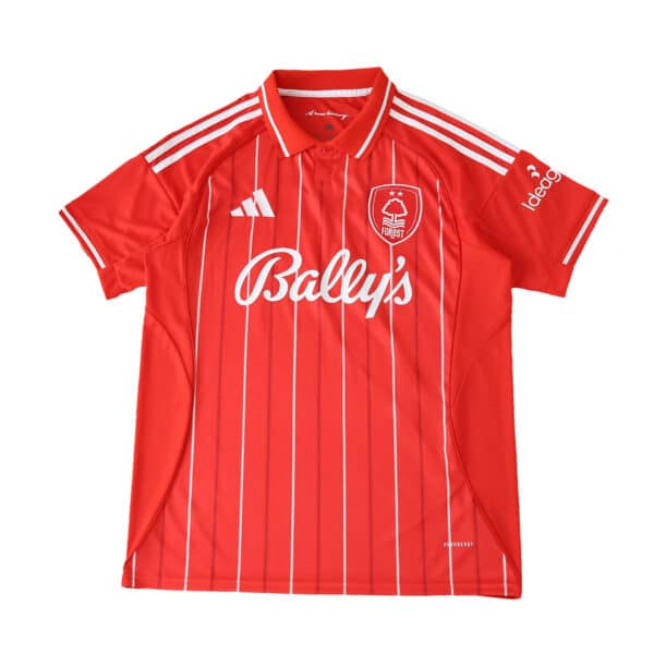 Nottingham Forest 2025/26 home fan jersey in red with white stripes, logos, and sponsor on front.