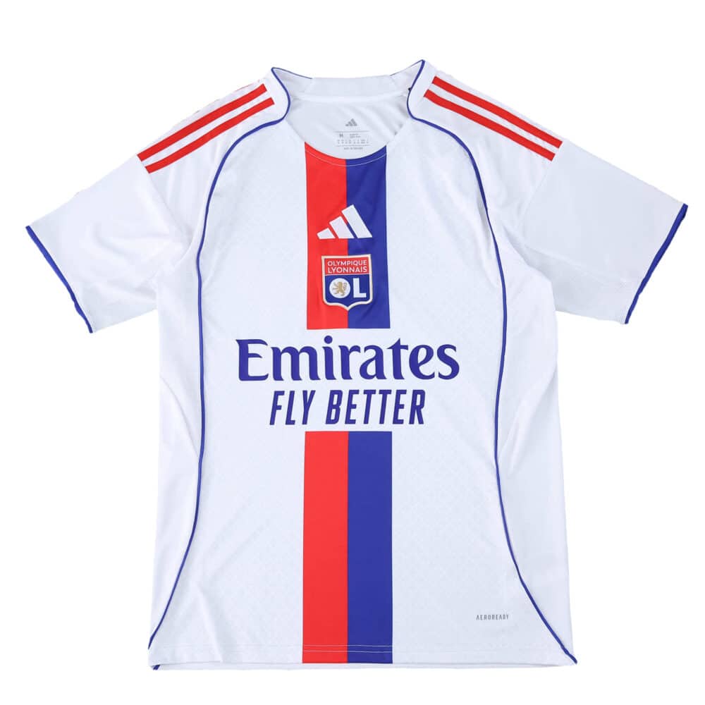 Olympique Lyonnais 2025/26 Home fan jersey, white with red and blue stripes, Emirates Fly Better sponsor.