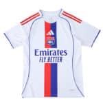Olympique Lyonnais 2025/26 Home fan jersey, white with red and blue stripes, Emirates Fly Better sponsor.