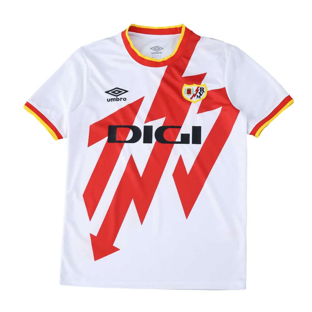 Rayo Vallecano 2025/26 home fan jersey, white with red lightning design, club and sponsor logos visible.