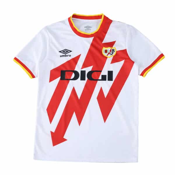 Rayo Vallecano 2025/26 home fan jersey, white with red lightning design, club and sponsor logos visible.