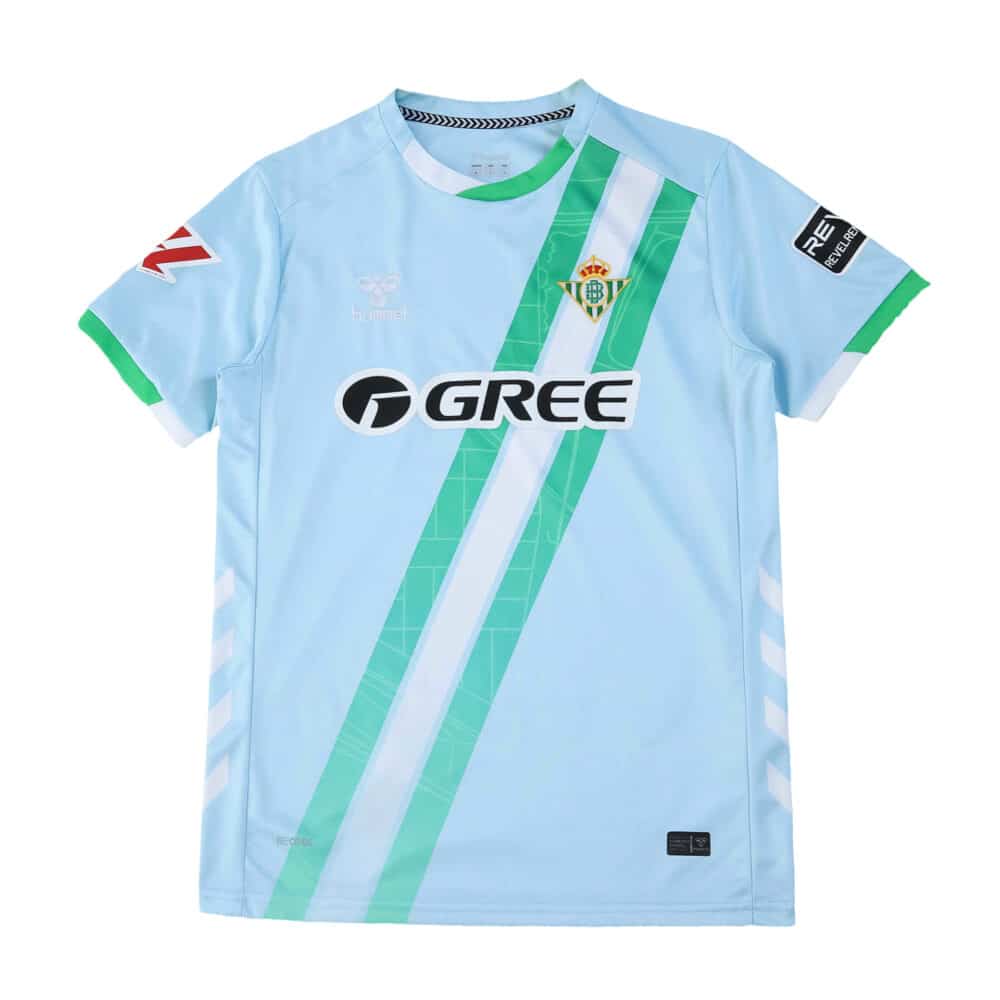 Light blue Real Betis 2025/26 away fan jersey with green diagonal stripes and sponsor logos.