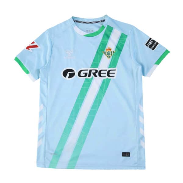 Light blue Real Betis 2025/26 away fan jersey with green diagonal stripes and sponsor logos.