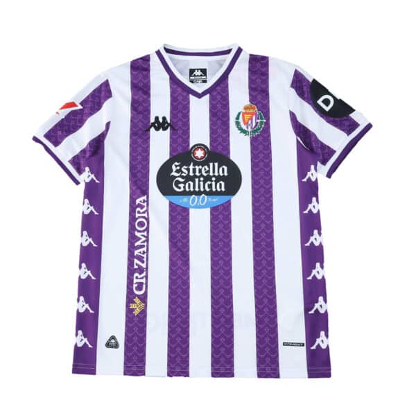 Real Valladolid 2025/26 Home Fan Version jersey with purple and white stripes, sponsor, and club crest.