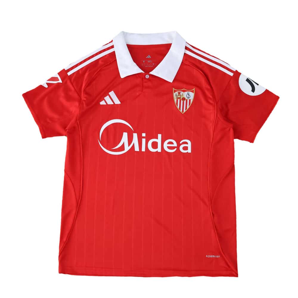 Sevilla FC Away 2025/26 Fan Version jersey in red with white accents, crest, and sponsor logos.