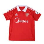 Sevilla FC Away 2025/26 Fan Version jersey in red with white accents, crest, and sponsor logos.