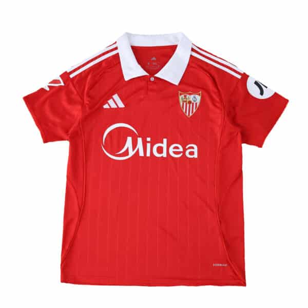 Sevilla FC Away 2025/26 Fan Version jersey in red with white accents, crest, and sponsor logos.