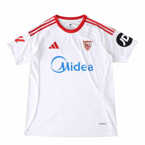 Sevilla FC Home 2025/26 Fan Version jersey, white with red accents and sponsor logos on front.