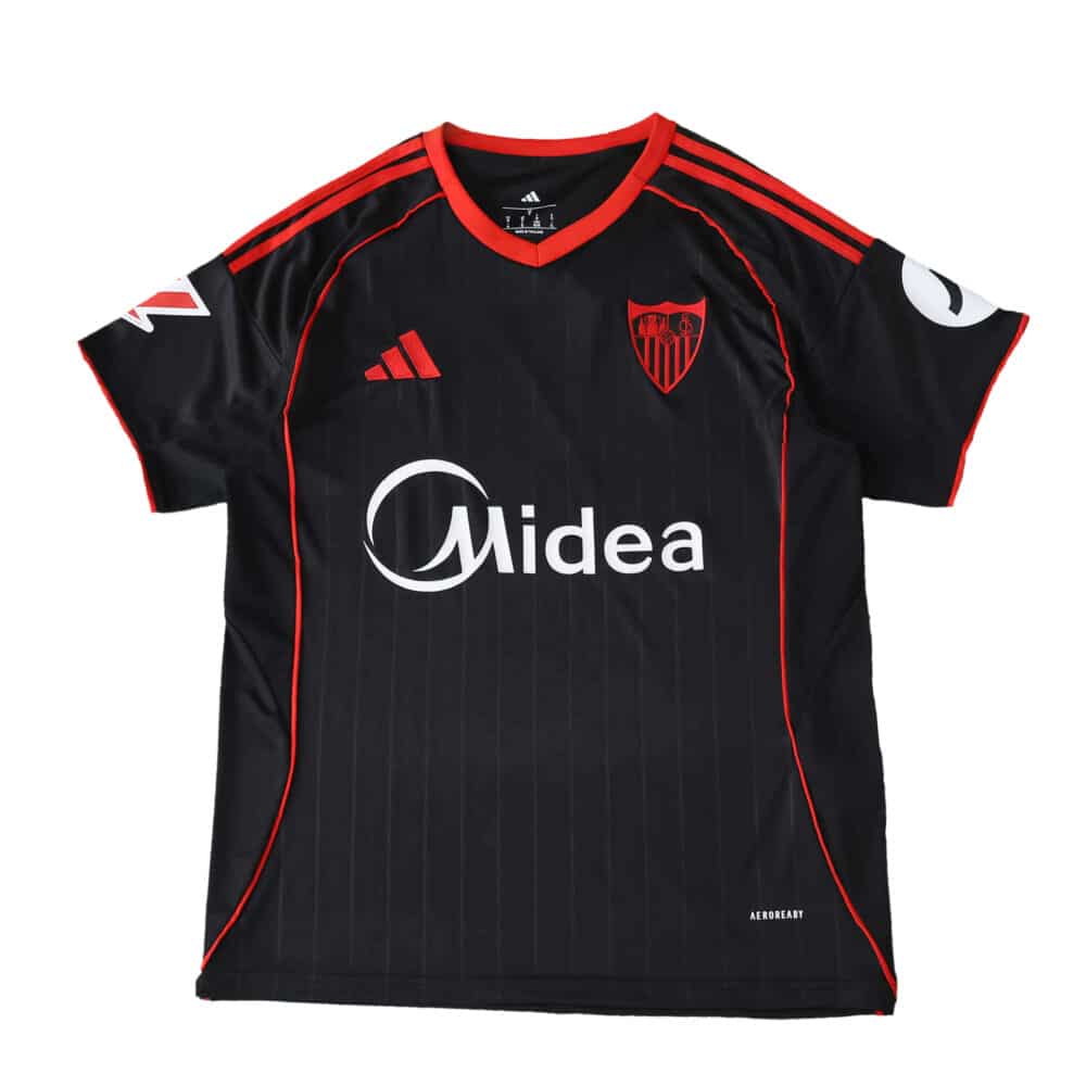 Sevilla FC 2025/26 Third Fan Version jersey in black with red accents and sponsor logos on front.