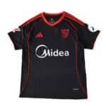 Sevilla FC 2025/26 Third Fan Version jersey in black with red accents and sponsor logos on front.