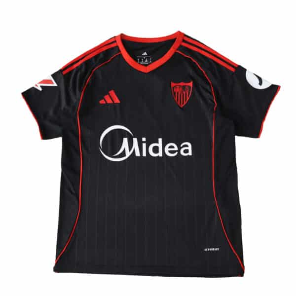 Sevilla FC 2025/26 Third Fan Version jersey in black with red accents and sponsor logos on front.
