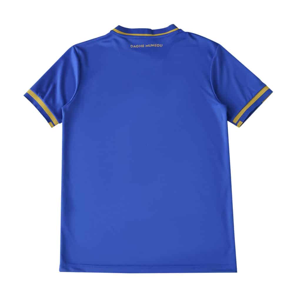 Back view of AS Monaco Away 2025/26 Fan Version jersey in blue with yellow trim on sleeves and collar.