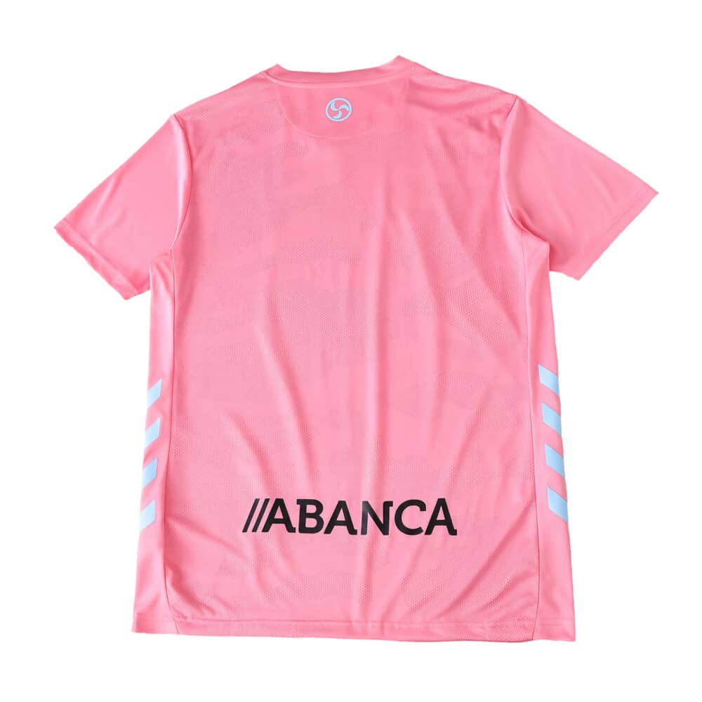 Back view of Celta Vigo Third 2025/26 Fan Version jersey in pink with sponsor logo and blue stripes.