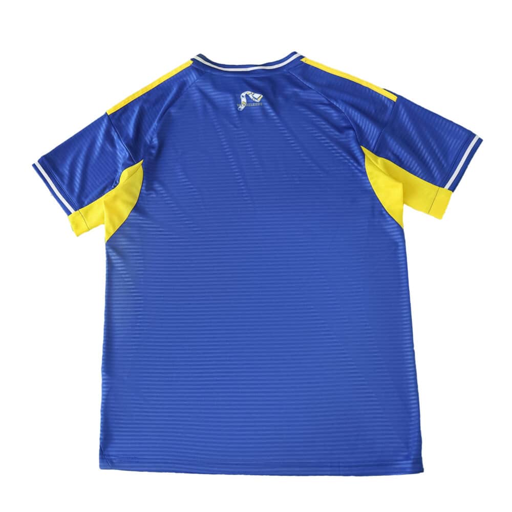 Back view of the Leeds United 2025/26 away fan jersey in blue with yellow accents.