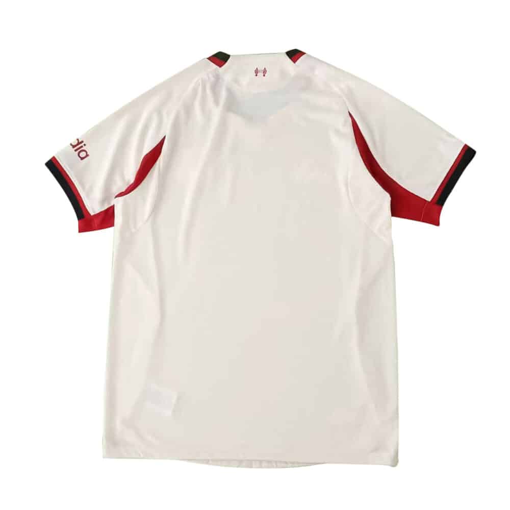 Back view of Liverpool Away 2025/26 Player Version jersey, white with red and black sleeve accents.