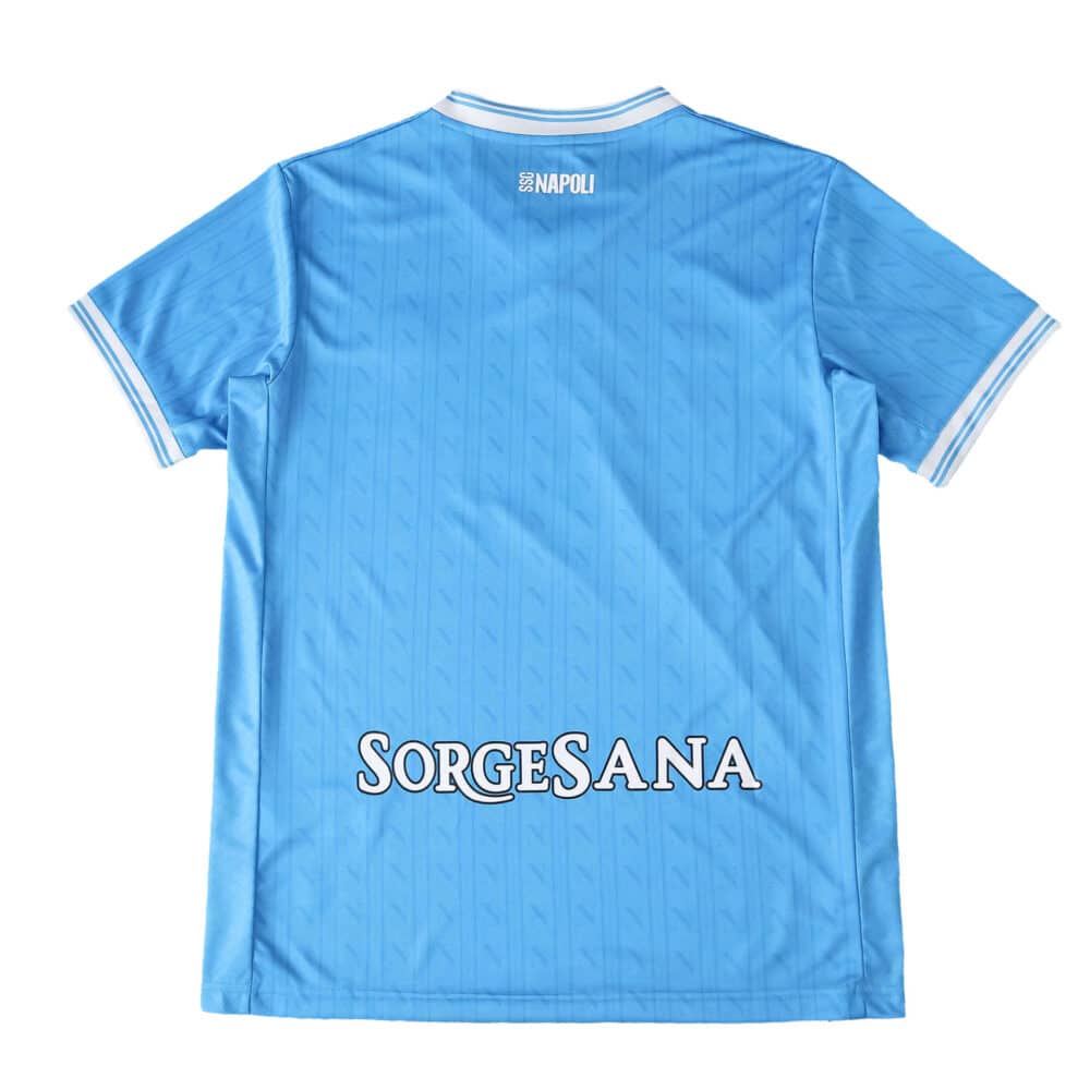 Back view of the 2025/26 Napoli home fan jersey in light blue with white "SorgeSana" sponsor text.