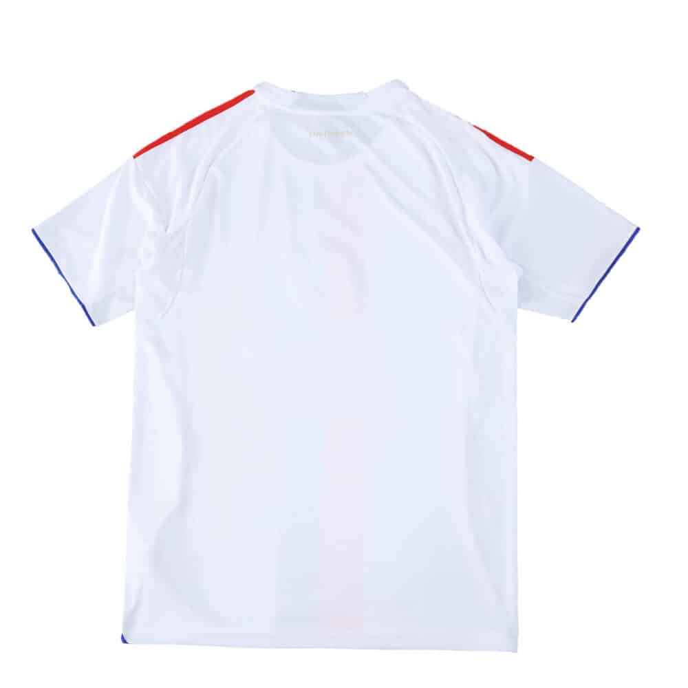 Back view of the Olympique Lyonnais 2025/26 Home Fan Version jersey, featuring red and blue accents on sleeves.
