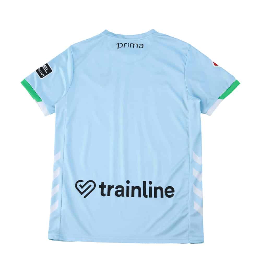 Back view of the Real Betis Away 2025/26 Fan Version jersey in light blue with sponsor logos.