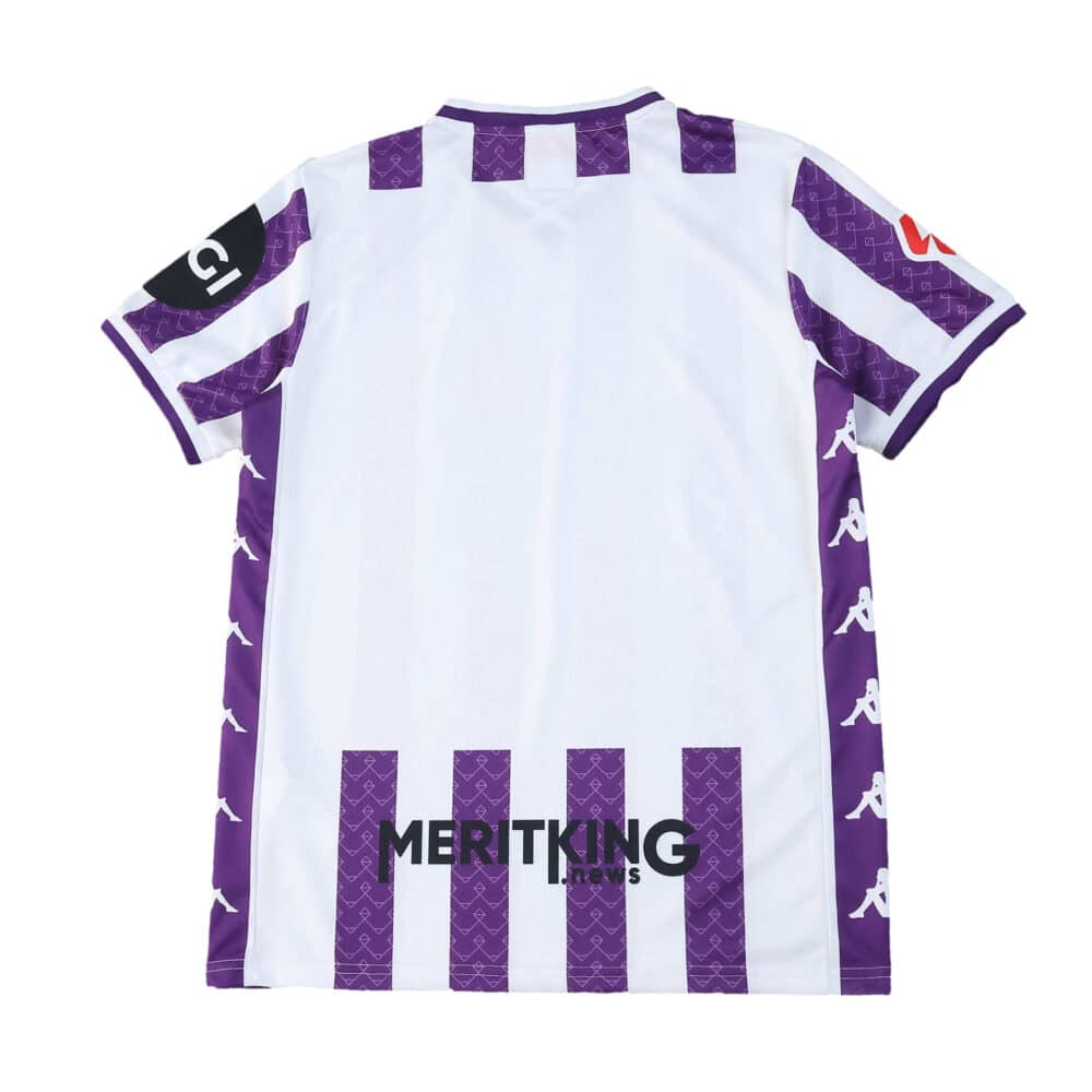 Back view of the Real Valladolid 2025/26 home fan jersey with purple and white stripes and sponsor logos.