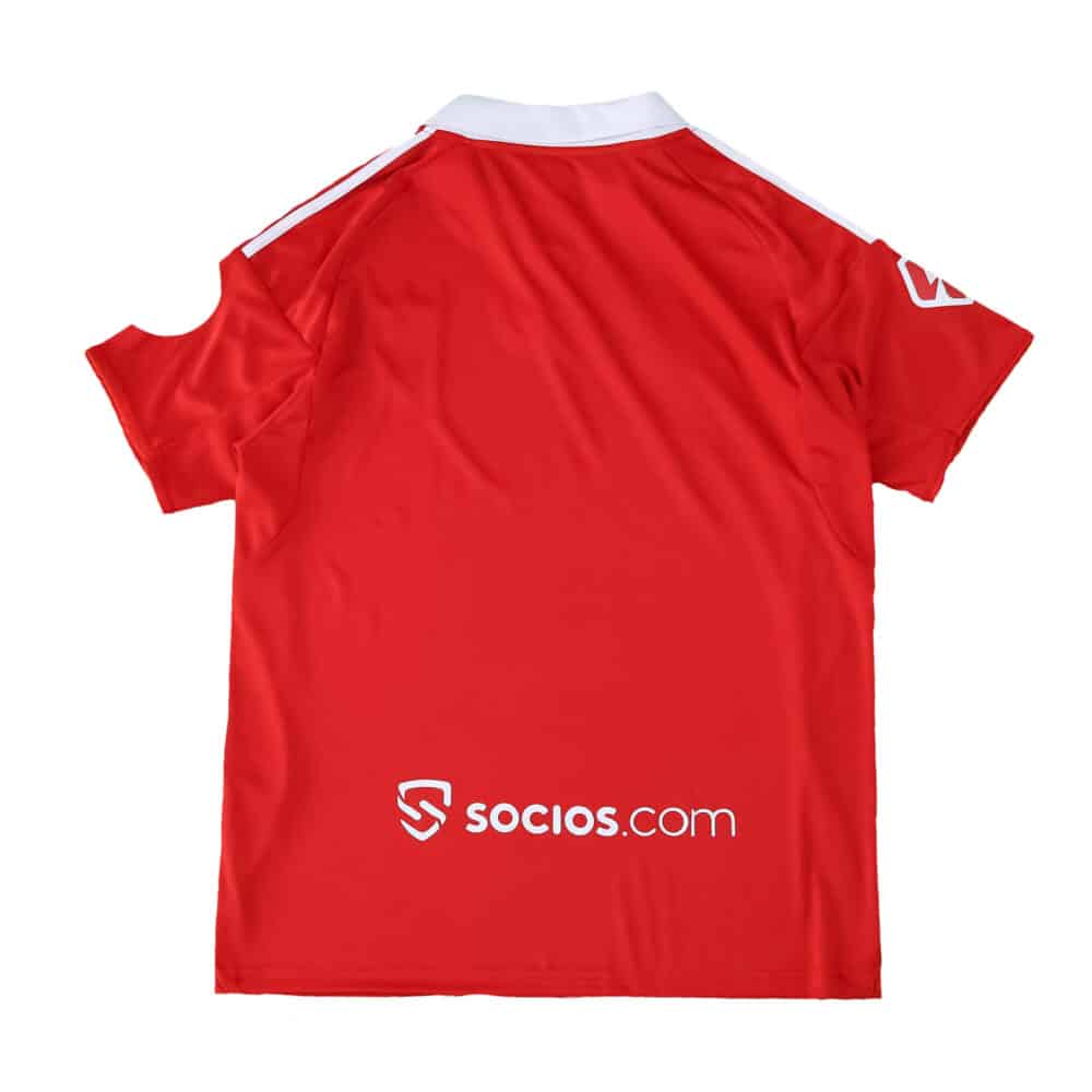 Back view of Sevilla FC Away 2025/26 Fan Version jersey in red with white collar and Socios.com sponsor logo.