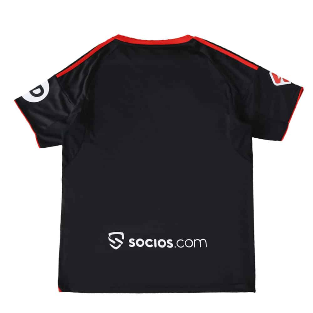 Back view of Sevilla FC Third 2025/26 Fan Version jersey in black with red accents and sponsor logo.