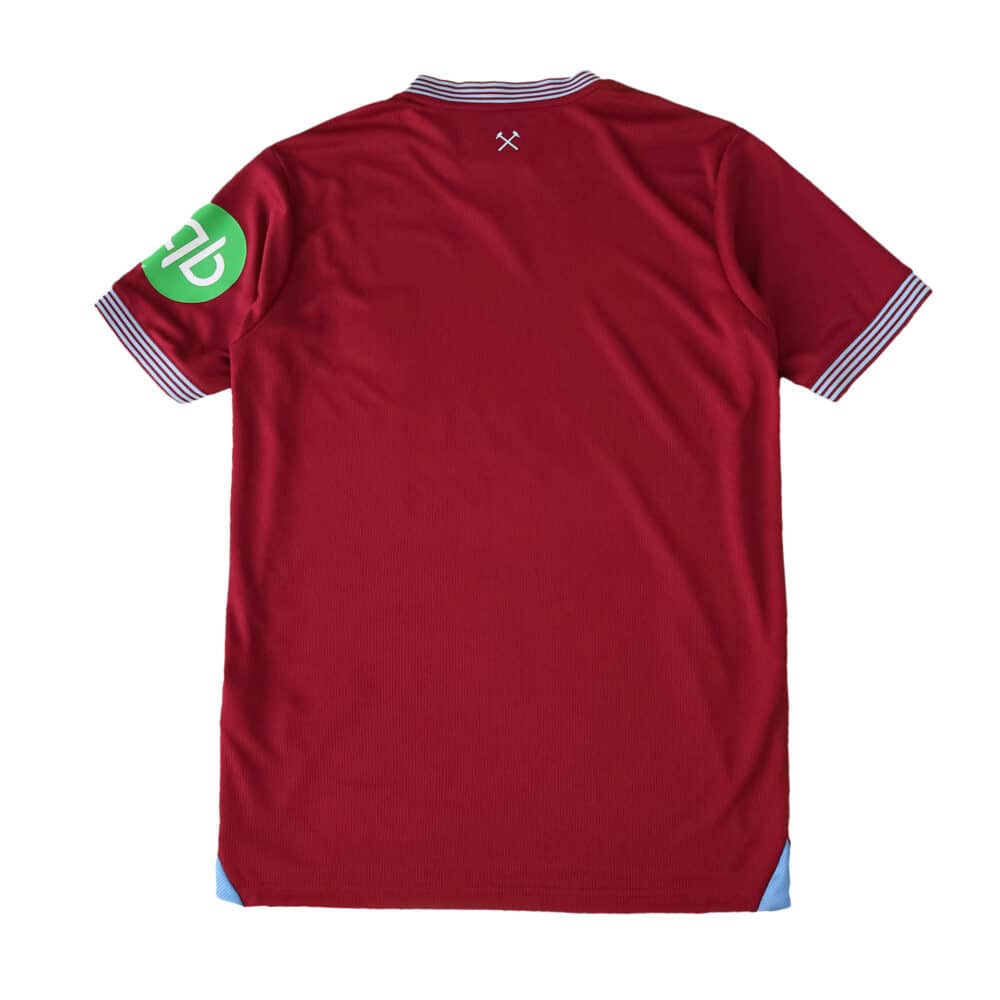Back view of West Ham United 2025/26 Home Player Version jersey in claret with striped collar and sleeve accents.